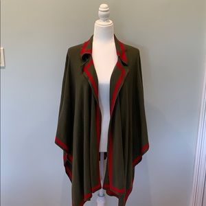 Talbots olive green and red stripe open cardigan